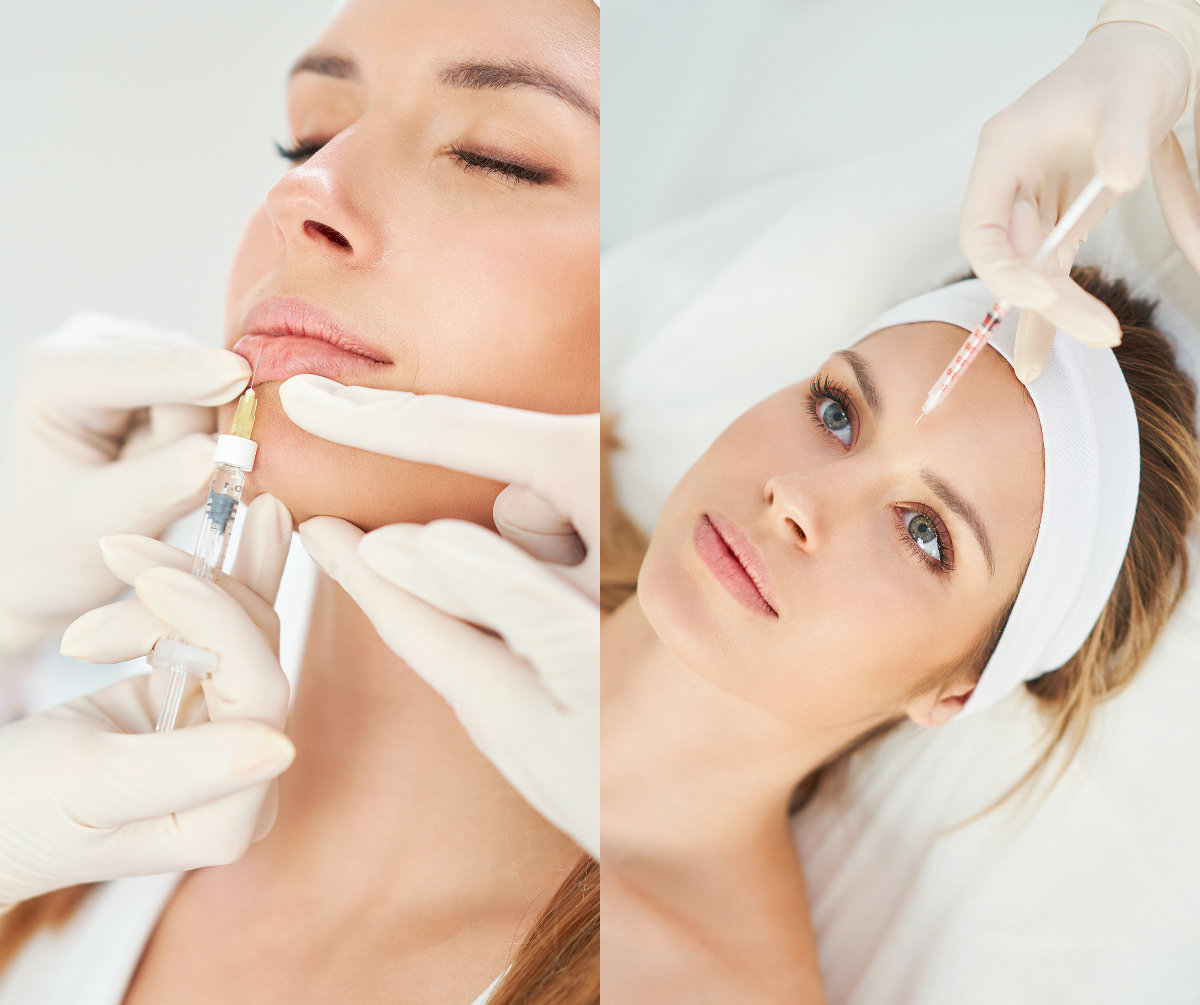 Beautiful image collage of medical cosmetology treatments botulinum injection